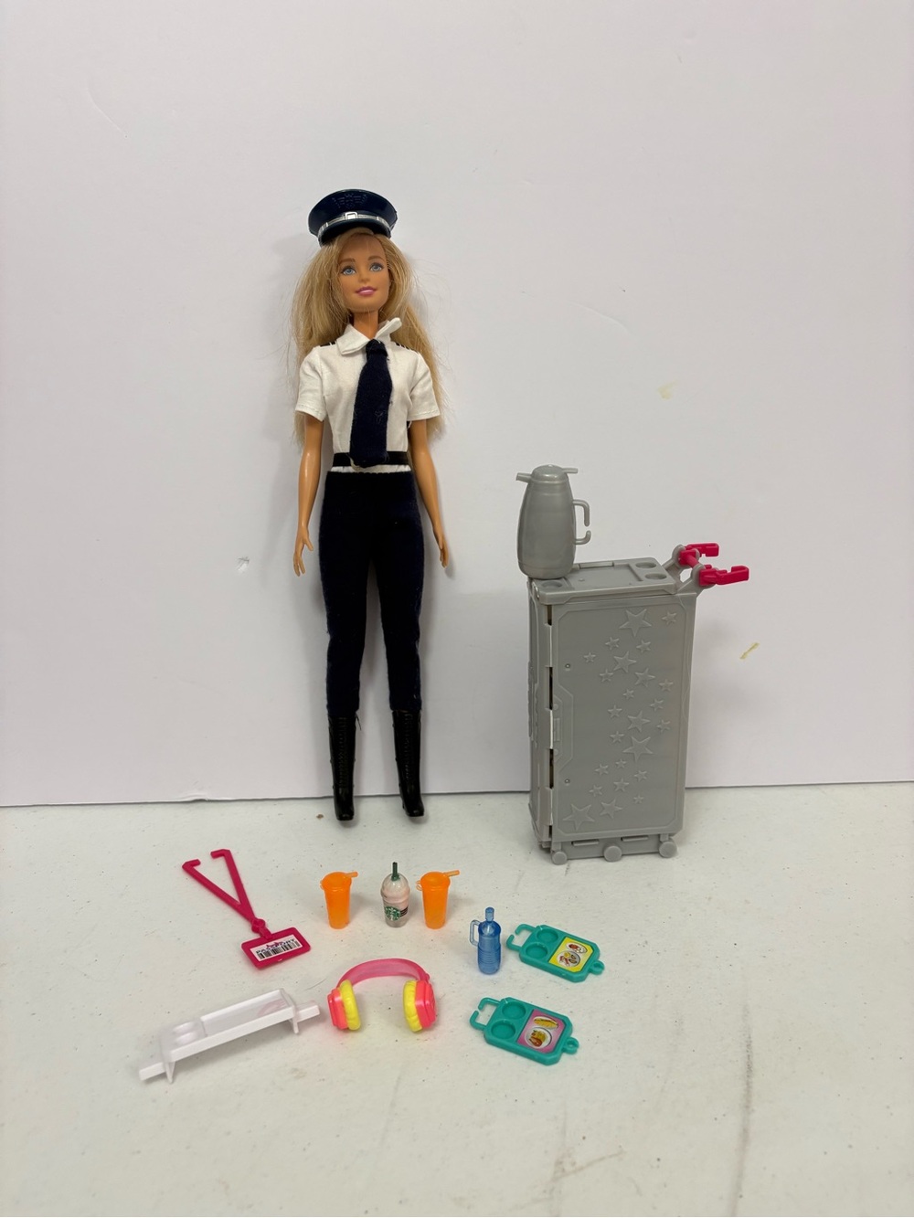 Barbie doll Flight Attendant Pilot Cart Drinks Passport Trays headphones